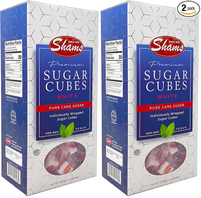 Shams Kosher Sugar Cubes – White Pure Cane Sugar Cubes, Non-GMO, Vegan, Certified Kosher - Individually Wrapped Sugar Cubes for Coffee, Cocktails, Tea 17.6 Ounce (Pack of 2)