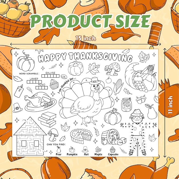 45pcs Thanksgiving Coloring Placemats for Kids Disposable Coloring Poster Fall Autumn Gifts School Classroom Activities Paper Table Mats