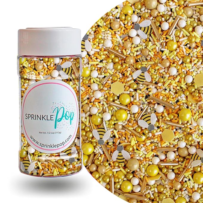 Sprinkle Pop Honey Bee Sprinkle Mix| Yellow Gold Sprinkles with ~10 Bees Honeycomb Wafer Papers, Black Pops and Cream Hues| Summer Sprinkles Made in USA for Decorating Cakes Cupcakes Cookies, 2oz