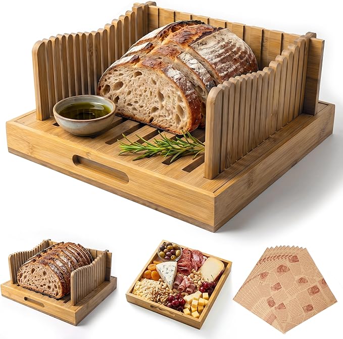 Bamboo 10.5" Bread Slicer for Homemade Bread, Adjustable Bread Cutter Board, Slicing Guide & Serving Board, 2in1 Kitchen Gadget for Sourdough, Artisan Loaves, Boules, Bagels & Cakes (20 Basket Liners)