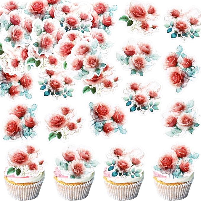 40Pcs Edible Red Rose Cupcake Toppers Roses Blossom Cupcake Picks for Floral Birthday Rose Theme Bridal Shower Proposal Party Engagement Wedding Anniversary Valentine's Day Party Decorations
