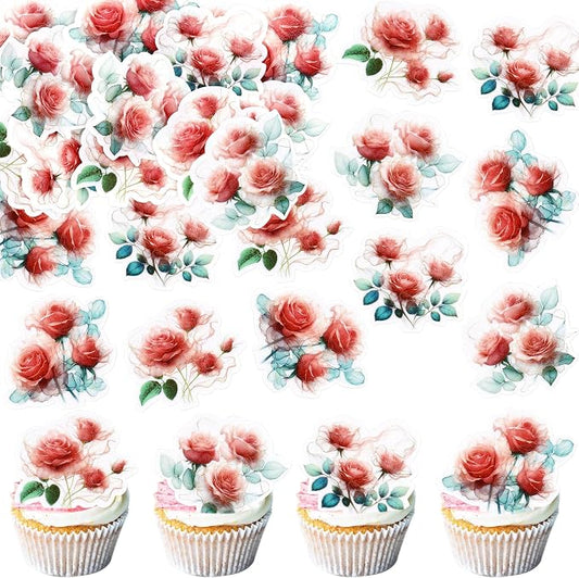40Pcs Edible Red Rose Cupcake Toppers Roses Blossom Cupcake Picks for Floral Birthday Rose Theme Bridal Shower Proposal Party Engagement Wedding Anniversary Valentine's Day Party Decorations