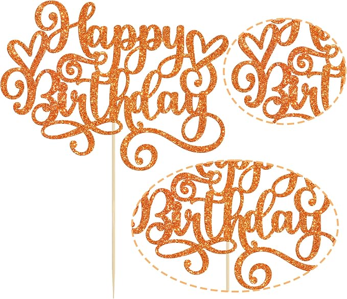 Gyufise 1Pcs Happy Birthday Cake Topper Glitter Cake Pick Bunting Decor for Anniversary Celebrating Party Cake Decorations Supplies Orange
