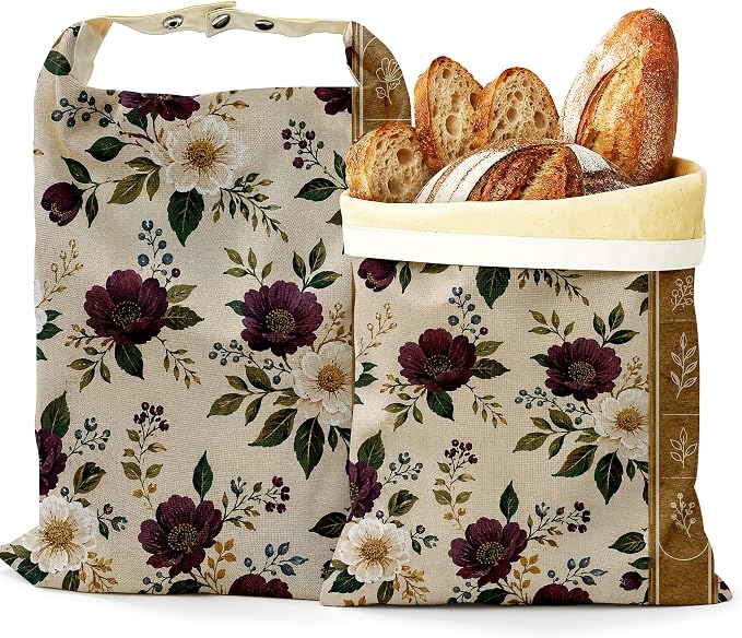 2 Pack Beeswax Burgundy Floral Bread Bags for Sourdough Homemade Breads, Reusable Beeswax Bread Ivory Botanical Storage Bag, Keep Loaves Fresh Longer, Freezer Safe & Airtight, Zero Waste 17 x 13''
