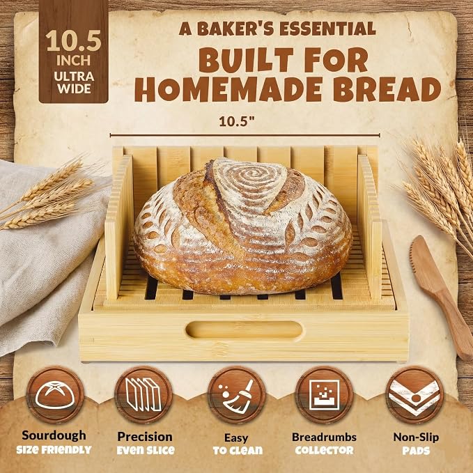 New 10.5" Extra Wide Bamboo Bread Slicer Guide | Crumb Catcher Board - Premium Wood Cutter & Serving Tray for Homemade Artisan Loaves, Kitchen Gadget Gifts for Bakers