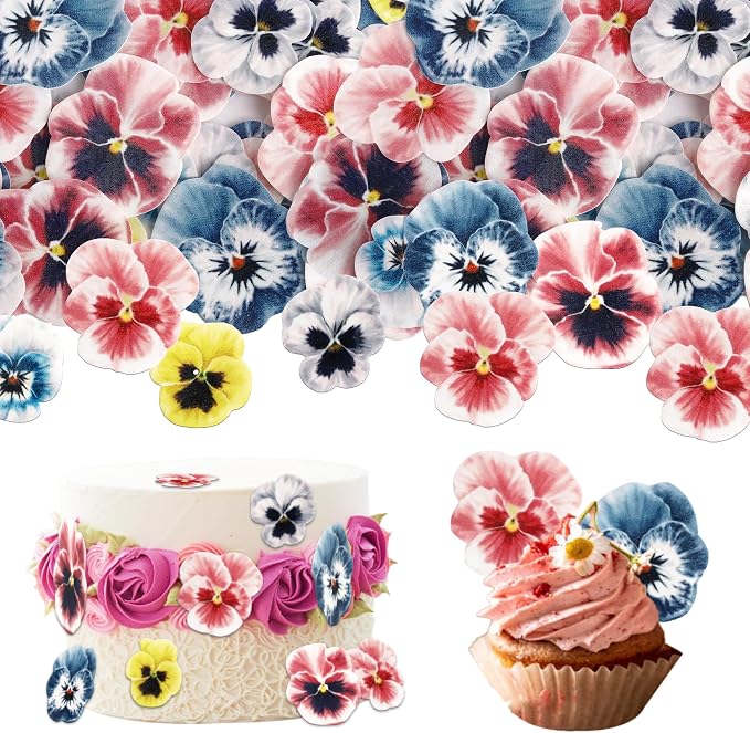 60 PCS Edible Flowers Cupcake Toppers Pansies Spring Edible Flowers Cake Decorations Bridal Shower Wafer Paper Flowers Cupcake Picks for Baby Shower Wedding Engagement Birthday Party Supplies