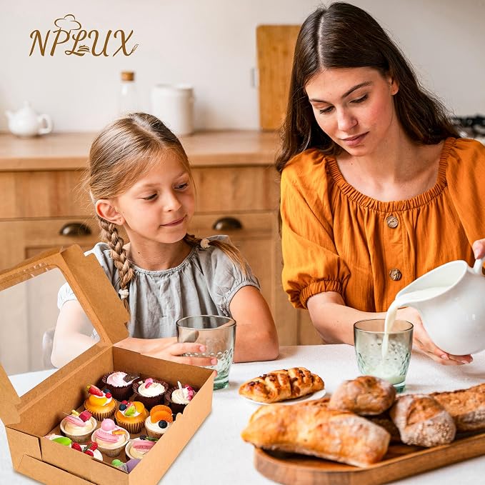 NPLUX 6 Pack Cupcake Boxes, 12 Count Cupcake Containers with Window and Cardboard, Food Grade Cupcake Carrier For Muffins Cupcakes Desserts (Brown 13.8×9.5×4 In)