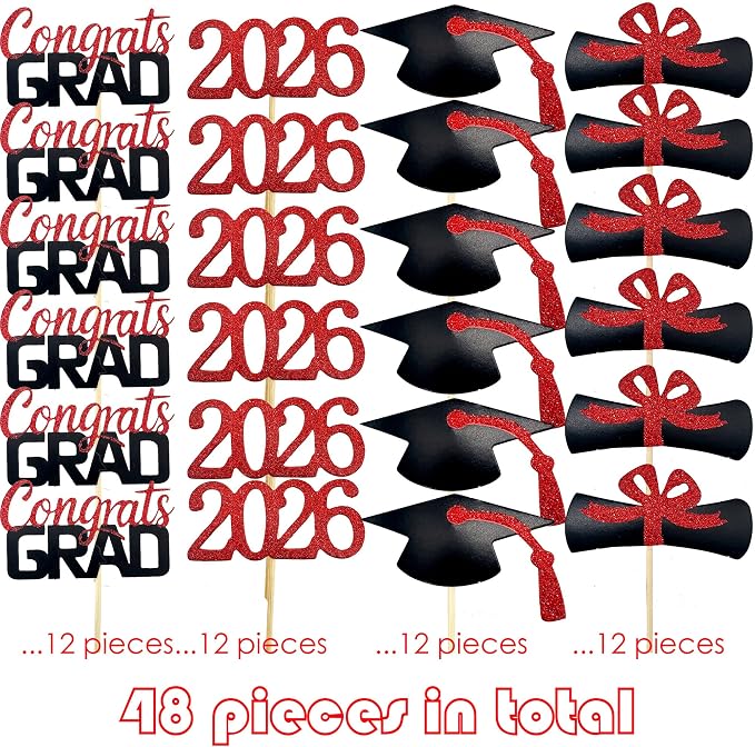 YuBoBo 2026 Graduation Cupcake Toppers, 48 PCS Food/Appetizer Picks For Graduation Party Mini Cake Decorations, Diploma, 2026, Grad Cap Set 48 Pieces (03 Red)