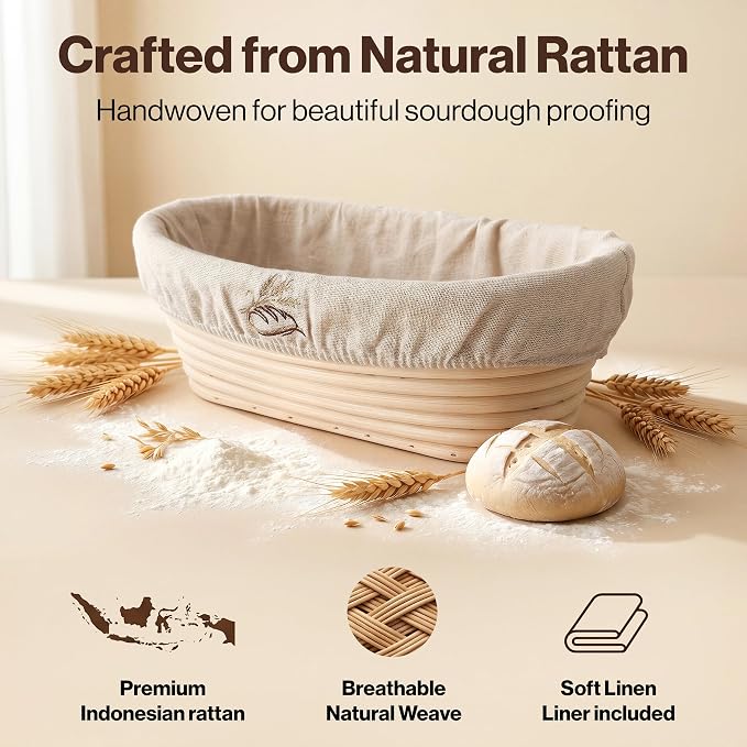 EDELHAUS Banneton Proofing Basket Complete Set Oval – Complete Sourdough Bread Baking Kit with Banneton Basket, Dough Tools, Sourdough Starter Jar, Bread Lame, Bench Scraper & Baking Mats