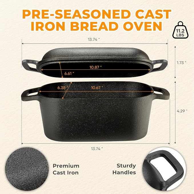 Oval Dutch Oven for Bread Baking, Pre-seasoned Oval Bread Dutch Oven with Lid, Even Heat Distribution Sourdough Baking Pan, 3.6Qt