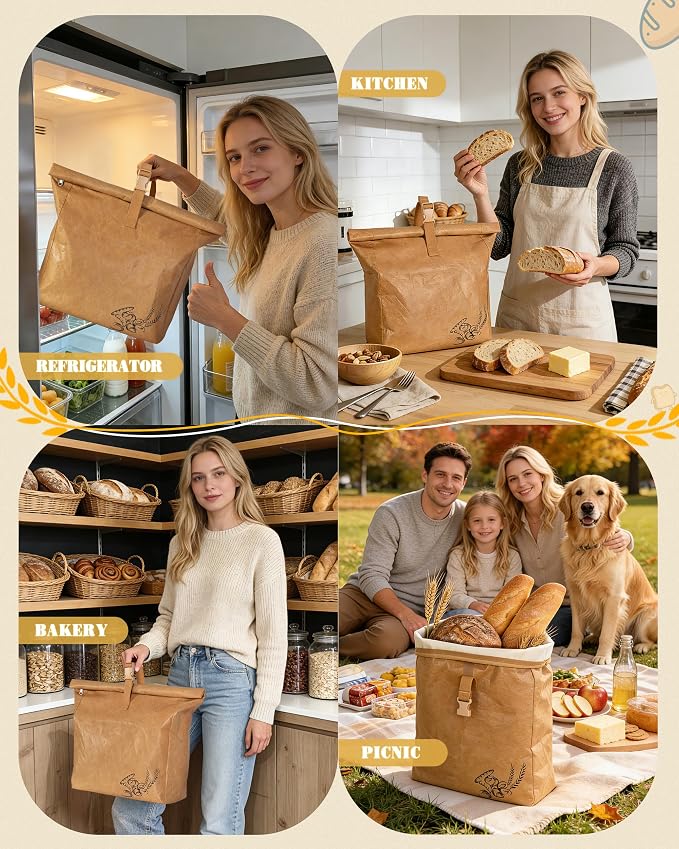 Marscamd Large Reusable Bread Bags for Homemade Bread with Zipper, 2 Pack Sourdough Bread Bags with Handle, Bread Storage Bags for Freezer, Refrigerator, Brown