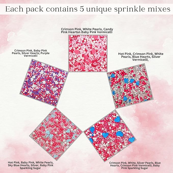 Confect Blue, Pink & White Pearl Heart Sprinkles Mix – Edible Baking Decorations for Cakes, Cupcakes, Cookies – Baby Shower & Frozen Theme Sprinkles with Silver Sparkling Sugar – Pack of 5 - Vegan, Gluten-Free, Nut-Free, Soy-Free, Dairy-Free, Palm Oil-...