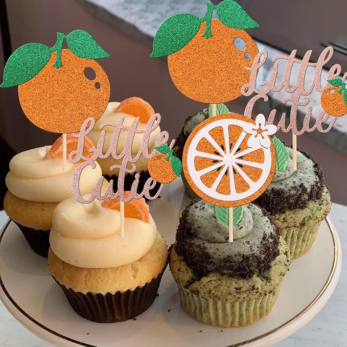 30 PCS Little Cutie Cupcake Toppers Glitter Fruit Theme Orange Cupcake Picks Citrus Cupcake Decoration for Baby Shower Kids Boys Girls Birthday Party Cake Decorations Supplies Rose Gold
