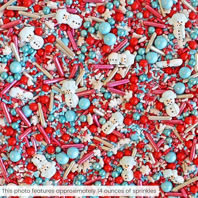 Sprinkle Pop Oh Snow Cute Sprinkle Mix| Red White Icy Blue Sprinkles with ~10 Cute Snowmen Royal Icings & White Snowflakes| Christmas Sprinkles Made in USA for Decorating Cakes Cupcakes Cookie, 4oz