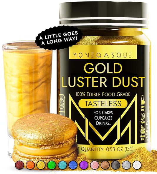 MONÉGASQUE Gold Edible Glitter for Drinks 15g – Edible Glitter for Cakes & Cocktails - Gold Luster Dust for Cocktail, 4th of July Cake Topper, Food Decorations Sprinkles Spray - Drink Shimmer Powder