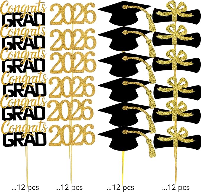 YuBoBo 2026 Graduation Cupcake Toppers, 48 PCS Food/Appetizer Picks For Graduation Party Mini Cake Decorations, Diploma, 2026, Grad Cap Set 48 Pieces (01 Gold)