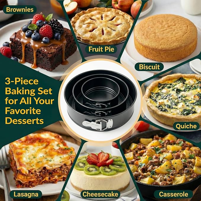 Springform Pan Set of 3 - 4,7,9" Carbon Steel With Removable Bottom – Leakproof Design, Nonstick Coating Cheesecake Pan – Durable Cake Mold With Secure Latch, Even Heat Cheese Cake Pans For Baking