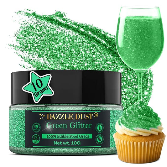 Dazzle Dust Edible Glitter Sprinkles for Cake Decorating, Drinks, Cookie, Icing, Dessert Decorations, Sparkly Luster, Food-Grade, Vegan, Gluten Free, Kosher, Bulk 10g, Green