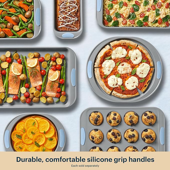 Pyrex 3-Piece Metal Cookie & Muffin Sheet Bakeware Set, Lightweight Stainless Steel Baking Trays with Heatsafe Silicone Handles, Cookie Muffin Sheet Baking Pan, Cerulean