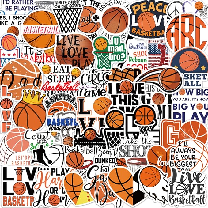 50 Pcs Basketball Stickers for Scrapbooking, Waterproof Vinyl Sports Stickers for Laptops Water Bottles Journals, Cool Basketball Quotes Hoop Decals for Boys Kids