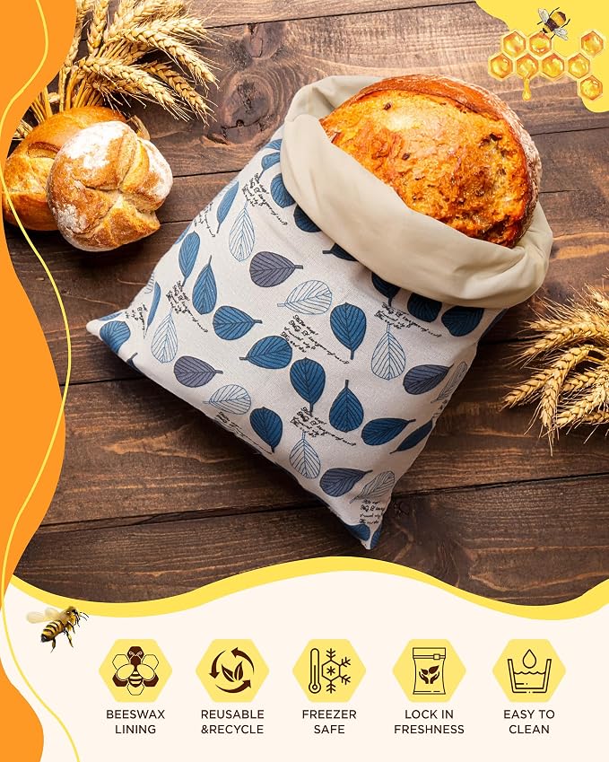 Reusable Beeswax Bread Bag for Homemade Bread, Extra Large Cotton Sourdough Bread Storage Bags, Freezer Safe Bread Keeper for Baker