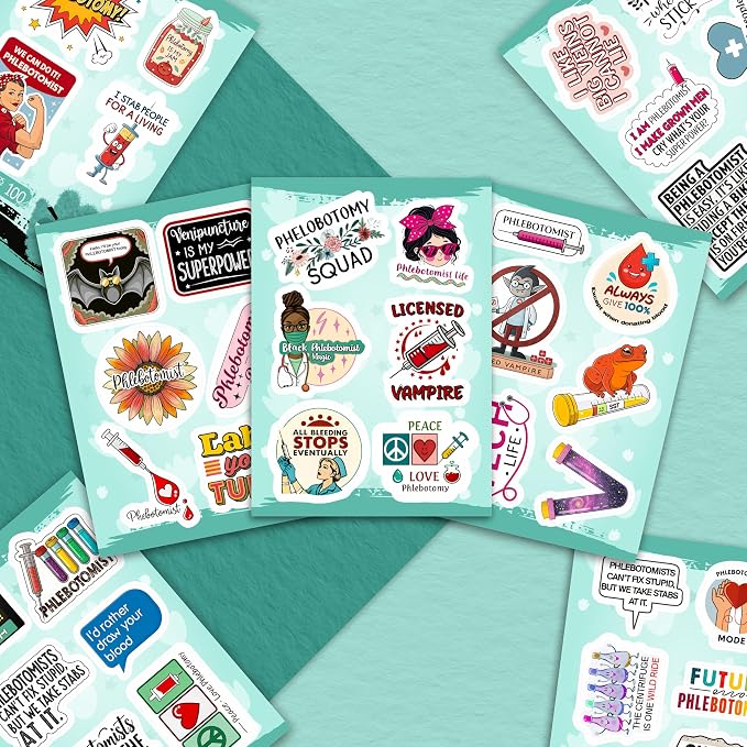 100Pcs Phlebotomy Stickers for Water Bottle, Laptop - Funny Phlebotomy Gifts for Phlebotomist - Phlebotomist Party Supplies & Decorations for Lab Week - Gift for Women & Men