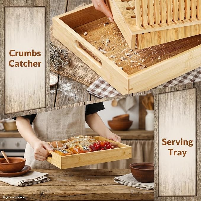 New 10.5" Extra Wide Bamboo Bread Slicer Guide | Crumb Catcher Board - Premium Wood Cutter & Serving Tray for Homemade Artisan Loaves, Kitchen Gadget Gifts for Bakers