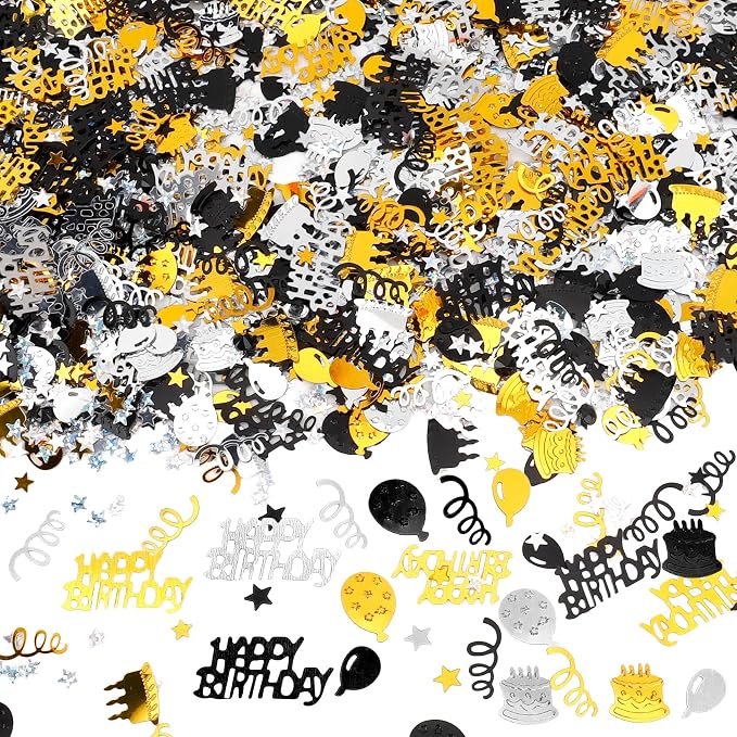 Birthday Confetti, Happy Birthday Party Glitter Table Confetti, 60g Black Gold Metallic Foil Cake Balloon Confettis Sprinkles Table Centerpiece for Baby Shower Party Decorations DIY Arts and Crafting