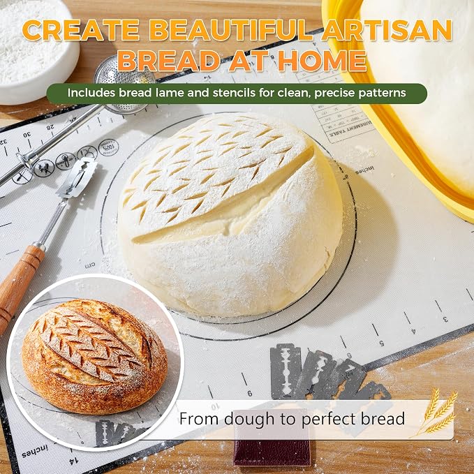 Sourdough Starter Kit for Beginners, 34 oz Starter Jar with Scale Marking, 2 Silicone Proofing Baskets, Complete Bread Baking Kit with Guide & Recipes, Easy to Use & Clean - Yellow