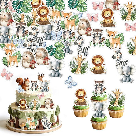 60Pcs Edible Jungle Safari Animal Cupcake Toppers Wafer Paper Green Leaf Woodland Animal Cupcake Kids Baby Shower Birthday Party Decoration Supplies