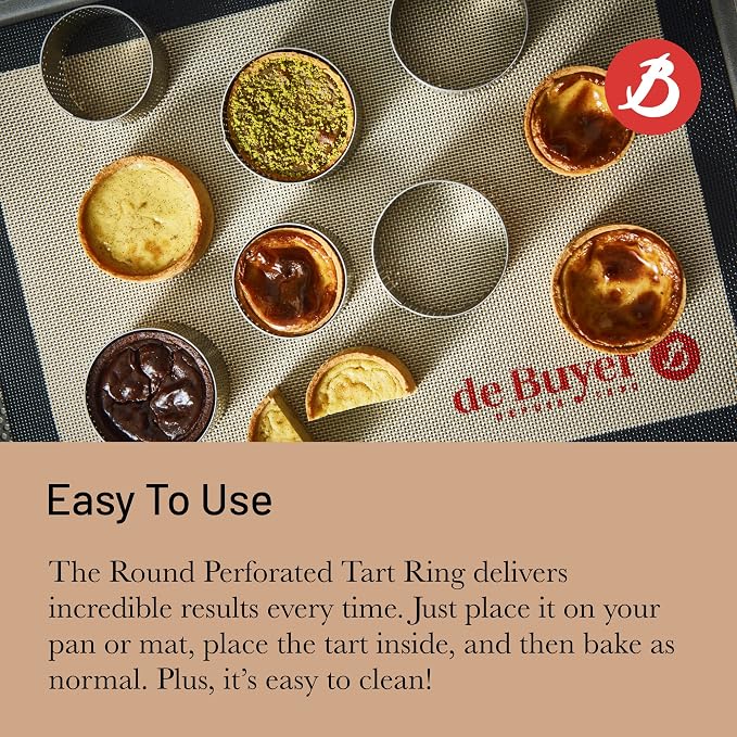 de Buyer Perforated Round Tart Ring - 2” Diameter, 1.4” Height - Perfect for Baking Beautifully Crisp Tarts - Easy to Use & Clean - Made in France