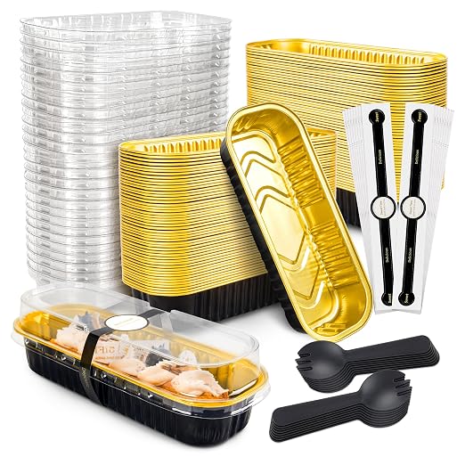 NPLUX 100 Pack Mini Cake Pans with Lids and Spoons Black Gold Rectangular Aluminum Foil Baking Pans Mini Cheesecake Containers, Graduation Gifts Party Favors(6.8oz)