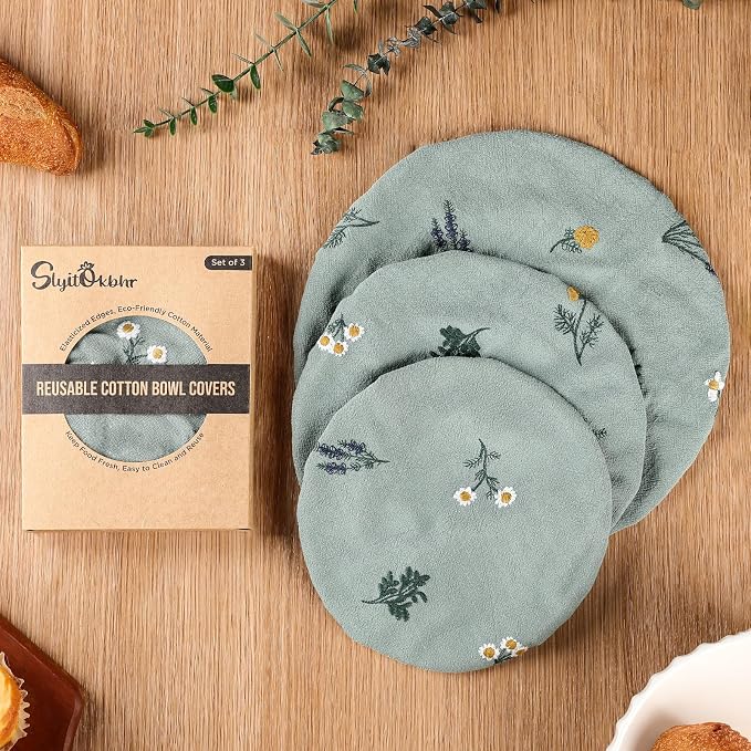 Reusable Bowl Covers for Bread Proofing Baking Embroidered Linen Cotton Cloth Fabric Washable with Elastic Cover for Food Fruit Salad Eco-friendly