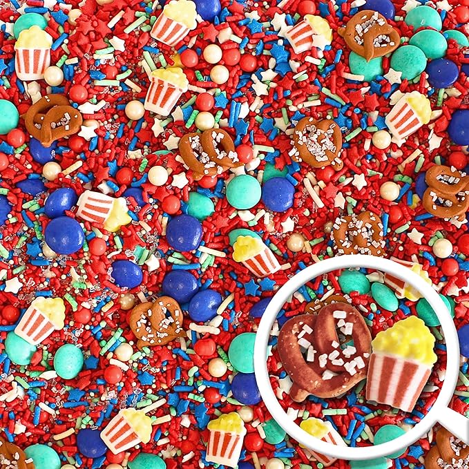 Sprinkle Pop Fairground Faves Sprinkle Mix, with ~6 Pretez & Popcorns, 2oz | fourth of July, independence, memorial, labor, veterans & patriotic day cake, cupcakes, cookies, ice cream dessert decoration
