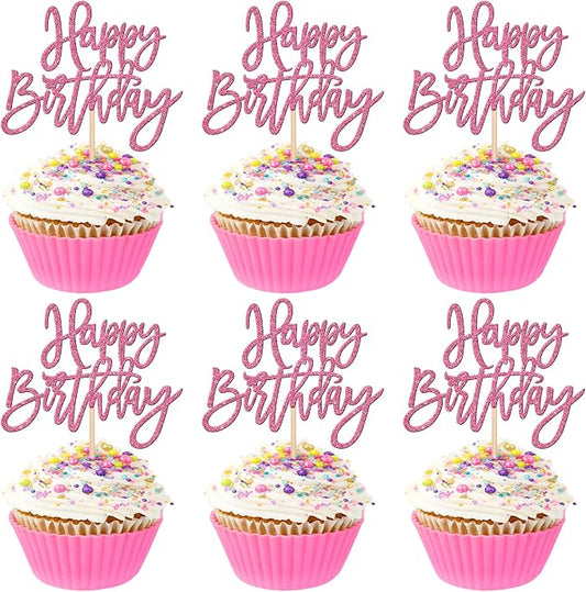 24 PCS Glitter Cupcake Toppers - Happy Birthday & Anniversary Picks - Pink