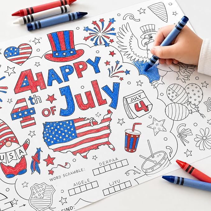 45pcs 4th of July Disposable Coloring Placemats Independence Day Crafts for Kids Patriotic Party Favors Coloring Poster American Flag Fireworks Activity Church Supplies Paper Table Mats