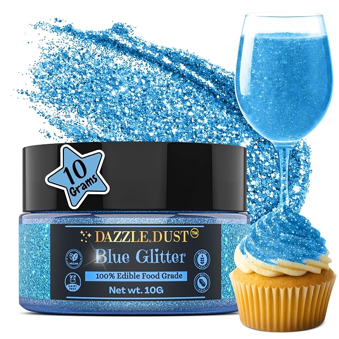 Dazzle Dust Edible Glitter Sprinkles for Cake Decorating, Drinks, Cookie, Icing, Dessert Decorations, Sparkly Luster, Food-Grade, Vegan, Gluten Free, Kosher, Bulk 10g, Blue