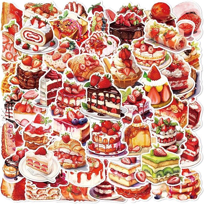 50 Pcs Cute Strawberry Dessert Stickers, Watercolor Food Stickers, Waterproof Vinyl Stickers for Journals, Water Bottles, Laptops, Scrapbooking (Strawberry Dessert)