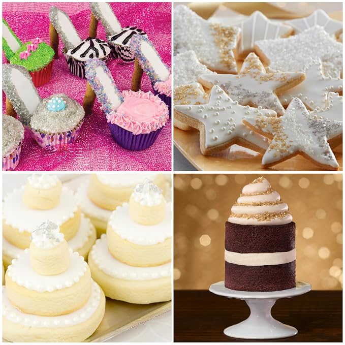 Cake Mate Shimmer Decorating Sugar 4-Pack – Gold, Silver, White, and Pearlescent – Edible Decorating Sugar for Cookies, Cupcakes, and Holiday Treats – 2.2–2.5 oz Bottles