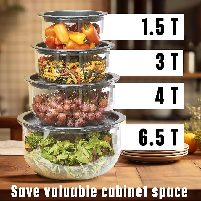 Buddeez Tritan™ Bowl Set 8 Piece - Crystal Clear Nesting Storage Bowls for Kitchen - BPA Free Mixing Bowls with Lids