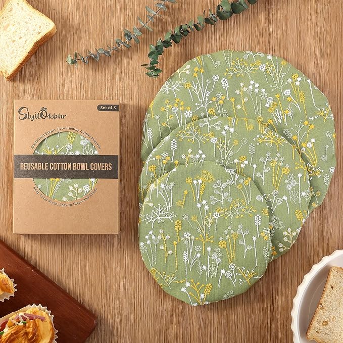 Reusable Bowl Covers for Bread Proofing Baking Embroidered Dandelion Linen Cotton Cloth Fabric Washable with Elastic Cover for Food Fruit Salad Eco-friendly