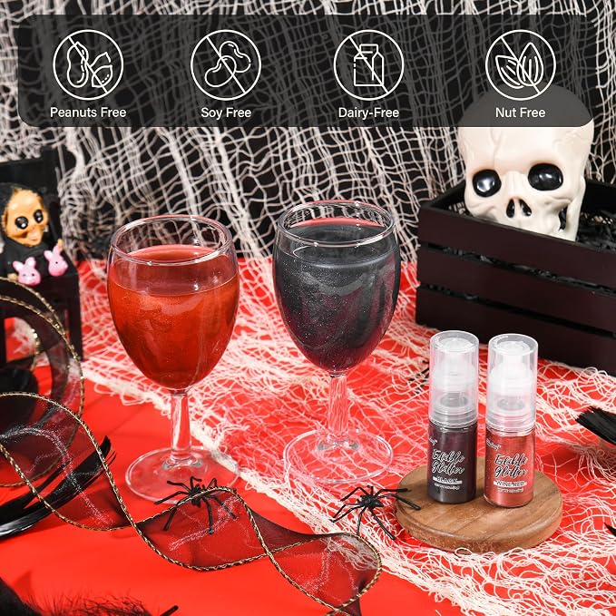 Halloween Edible Glitter Spray, Black & Red Edible Glitter for Cocktails, Cobakey Luster Dust Edible for Cake Decorating, Drinks, Baking, Chocolate, Strawberrie 5g/2 Bottles