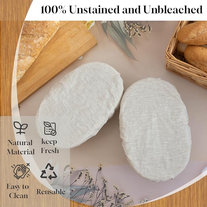 2 Pack Reusable Oval Organic Linen Bowl Covers, 10 IN Bread Proofing Cover, Elastic Cover for Sourdough, 100% Natural Organic Linen, Unplored, Unbleached, Perfect for Bread Banneton Proofing Basket