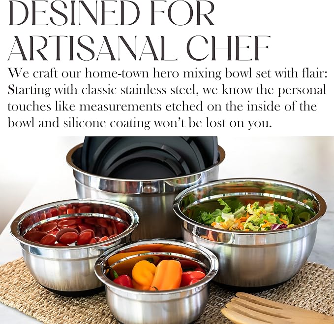 Bellemain Stainless Steel Non-Slip Mixing Bowls with Lids (5 Piece, Silver/Black)