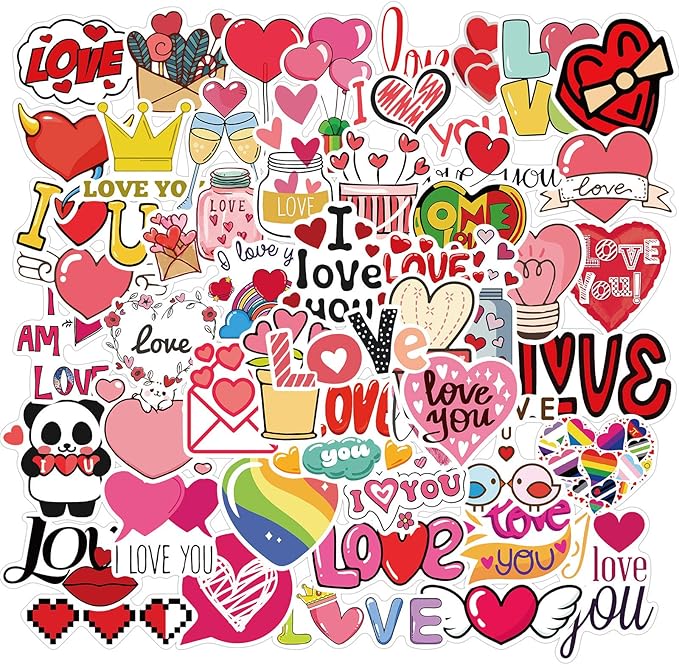 Heart Sticker, I Love You Stickers Pack for Lovers Friends, 50Pcs Valentine's Day Waterproof Vinyl Stickers for Water Bottles Laptop, Gift Boxes Decals, Party Supplies (Love)