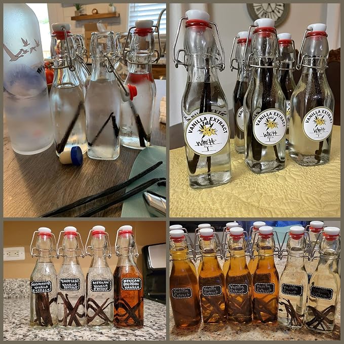 Vanilla Extract Bottles [8.5 oz, 12-Pack] – Flip Top Swing Top Glass Bottles for Homemade Extracts, Kombucha, Coquito, Juice – Airtight Leak-Proof Caps with Funnel, Extra Gaskets, Labels & Marker
