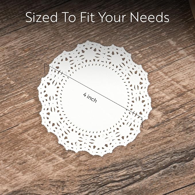 Restaurantware Pastry Tek 4 x 4 Inch Lace Doilies 100 Decorative Tableware Placemats - Disposable Round White Paper Table Doilies For Birthdays Or Weddings Table Decor