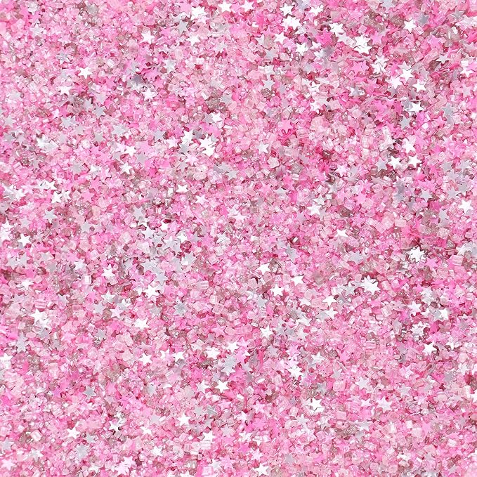 Sanding Sugar Edible Silver Glitter Stars Mix, Edible Pink Sugar Sprinkles for Cake Decorating, Sparkling Edible Pink Sanding Sugar for Cupcake Toppers Cookie Decorations For Wedding Party Celebrations 3.5oz (Pink)
