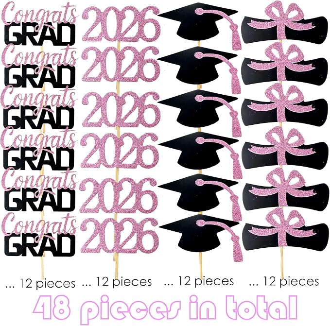 YuBoBo 2026 Graduation Cupcake Toppers, 48 PCS Food/Appetizer Picks For Graduation Party Mini Cake Decorations, Diploma, 2026, Grad Cap Set 48 Pieces (06 Pink)