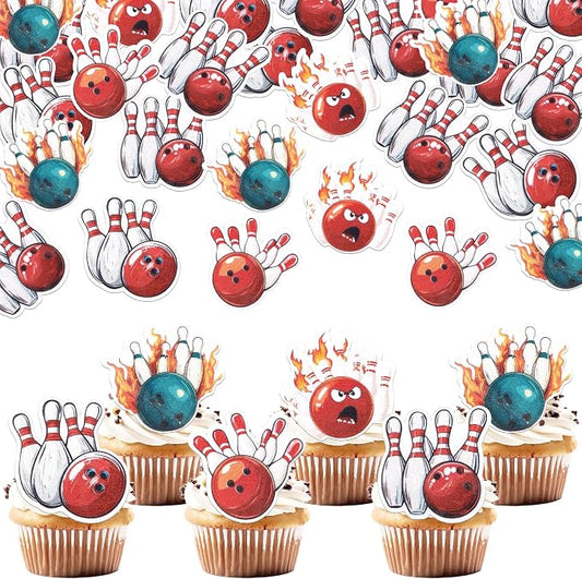 60 PCS Edible Bowling Cupcake Toppers Wafer Paper Sports Ball Cupcake Picks Edible Bowling Cupcake Decorations for Sports Theme Baby Shower Kids Birthday Party Cake Decorations Supplies